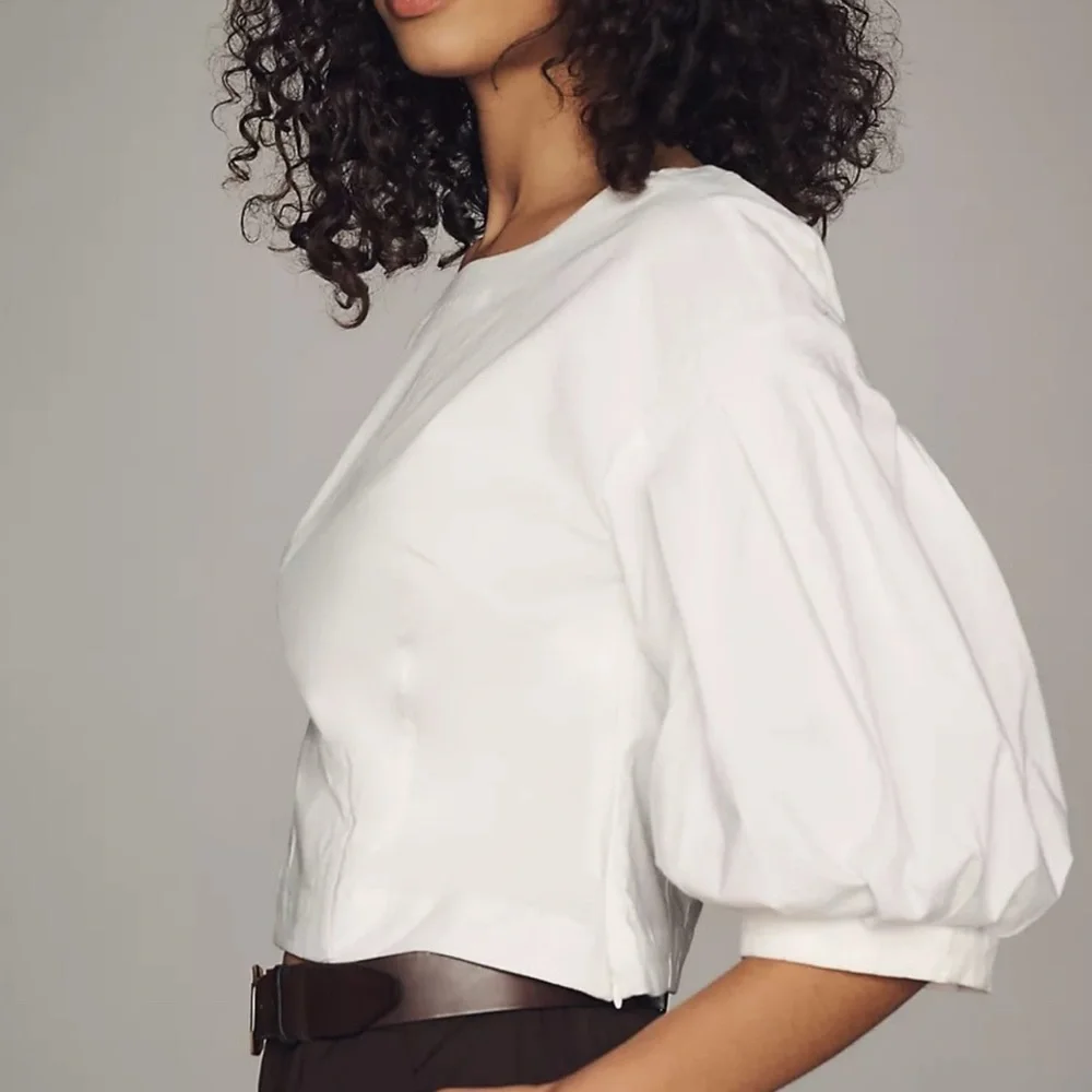 Anthropologie Drop Shoulder Puff Sleeve Blouse Size Large White